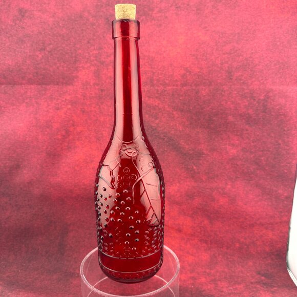 HOLIDAY ROUND GLASS DECORATING RED BOTTLE RAISED LEAVES AND GRAPES DESIGN W CORK - Picture 2 of 6